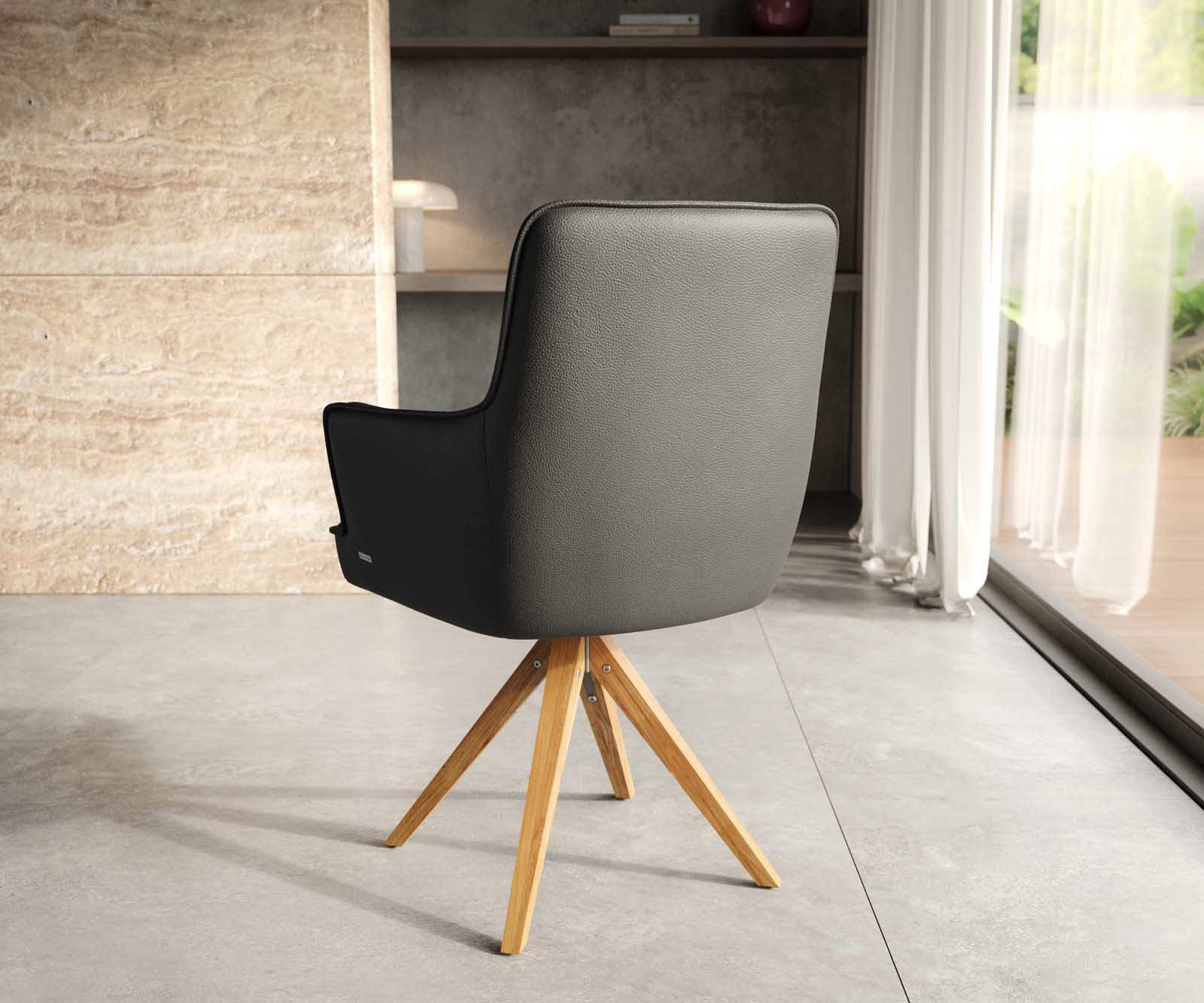 Étkezőszék Heira-Flex karfás valódi bőr fekete fa láb szögletes természetes 180° forgatható zsákrugós - Image 4