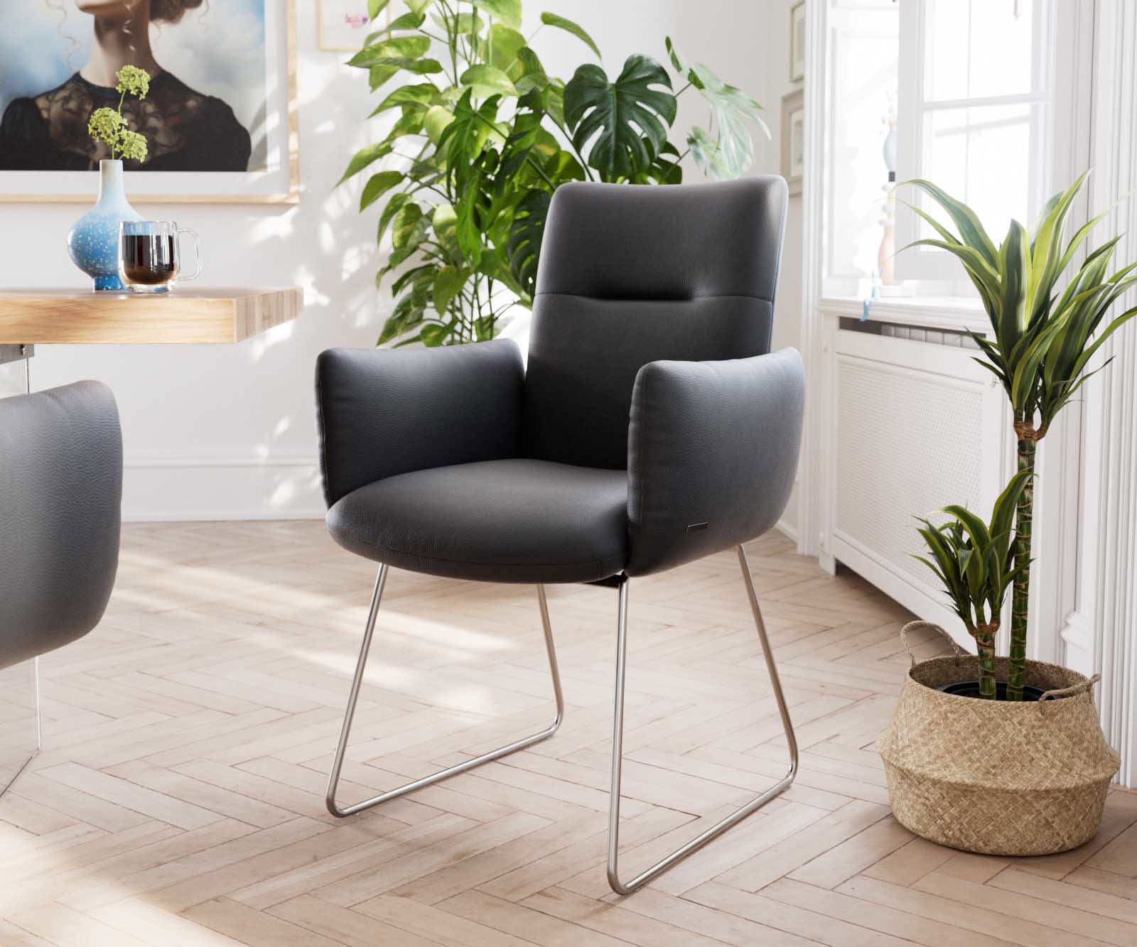 Étkezőszék Jova-Flex valódi bőr fekete karfás vékony lábazat rozsdamentes acél zsákrugós