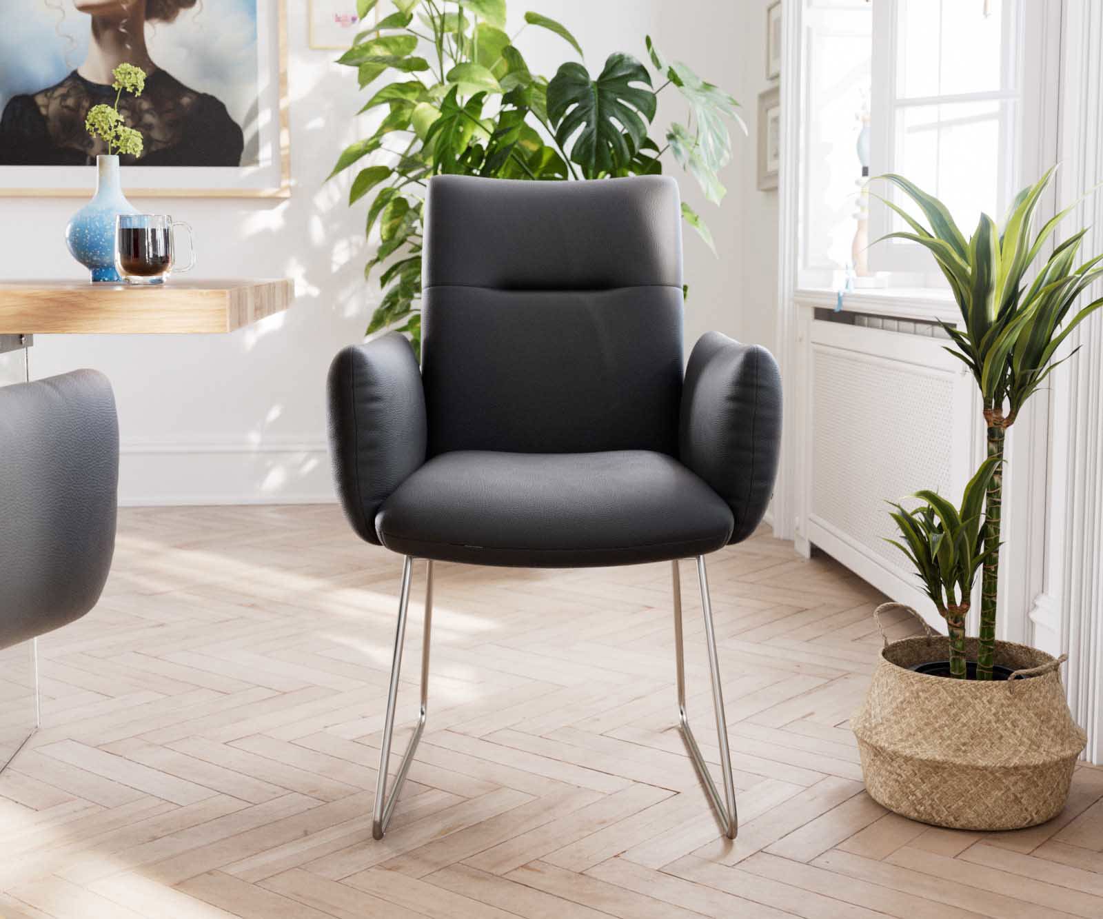 Étkezőszék Jova-Flex valódi bőr fekete karfás vékony lábazat rozsdamentes acél zsákrugós - Image 2