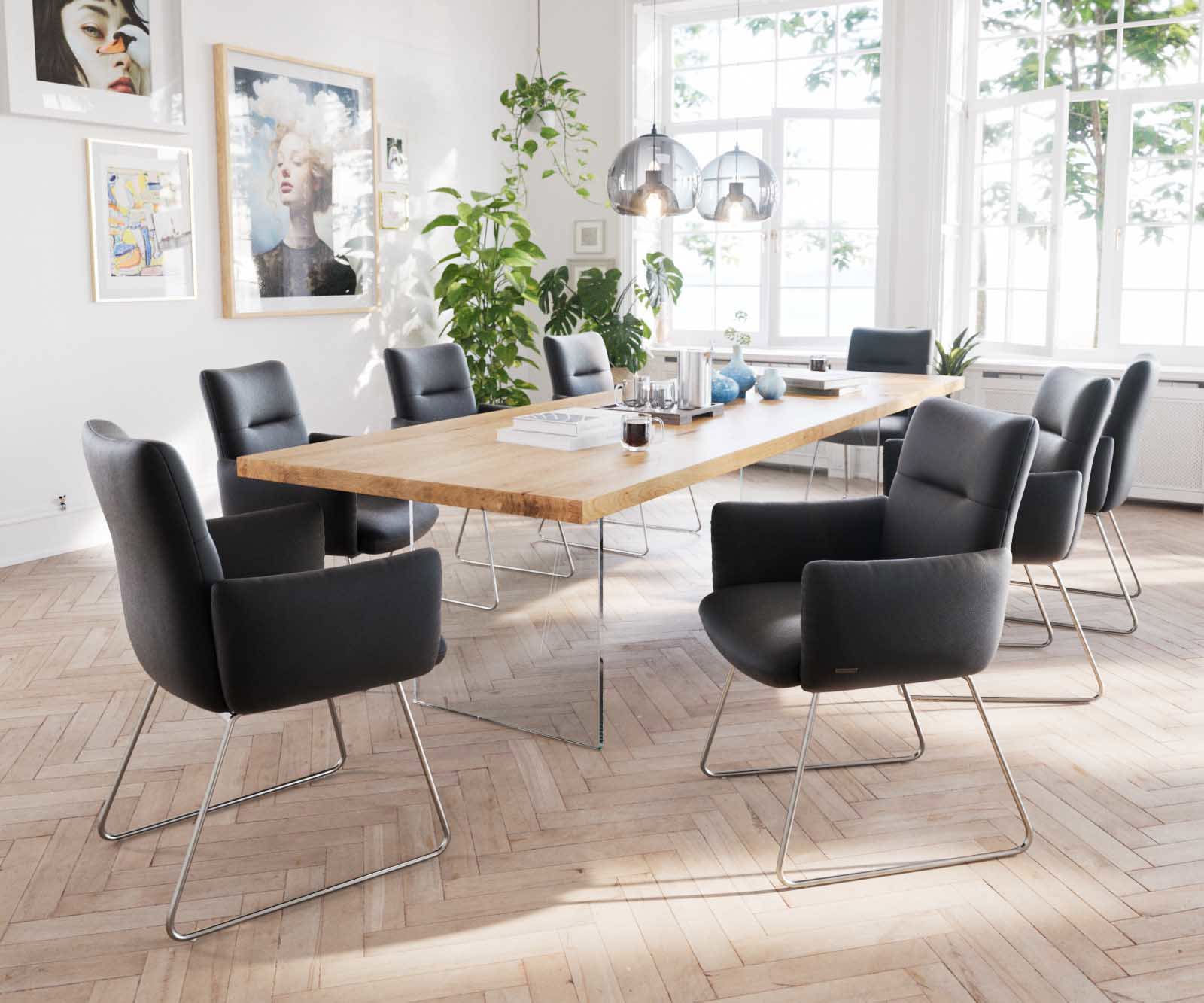 Étkezőszék Jova-Flex valódi bőr fekete karfás vékony lábazat rozsdamentes acél zsákrugós - Image 5