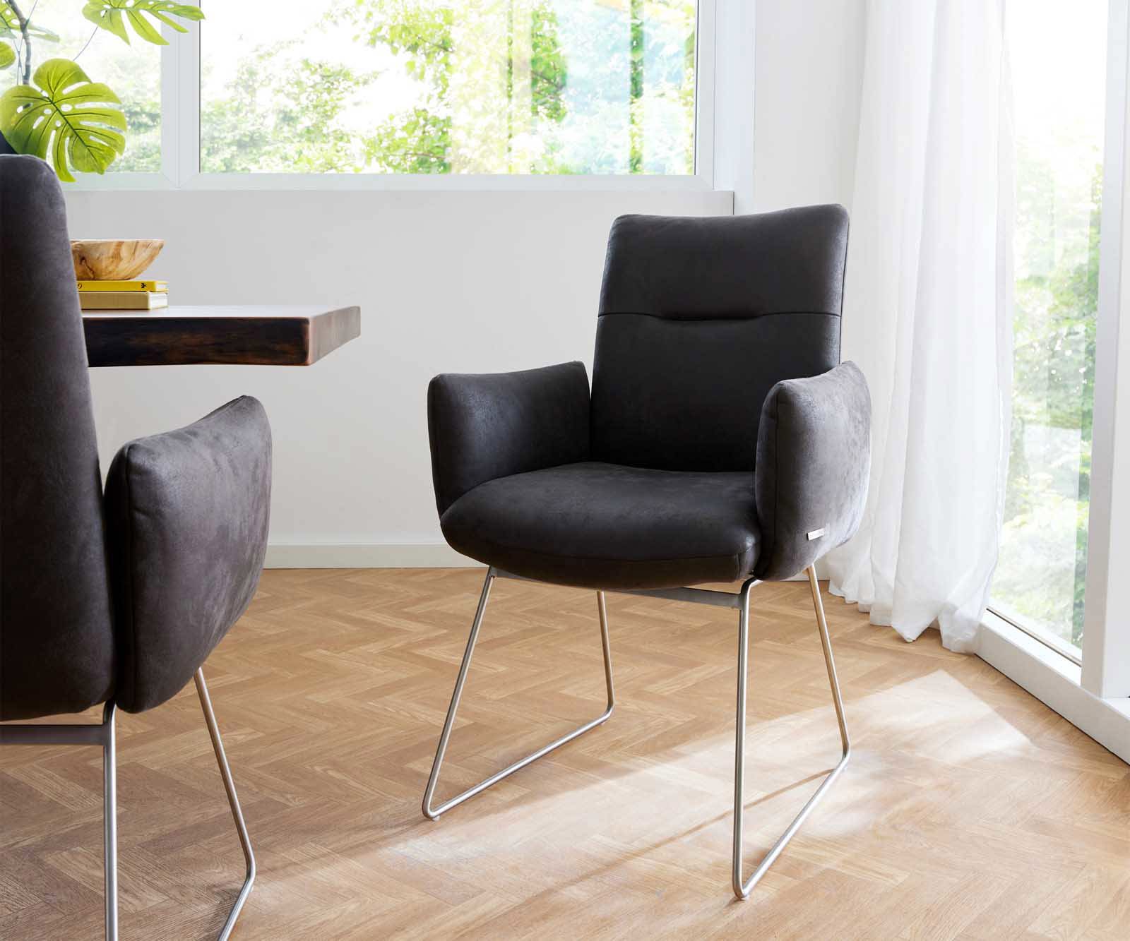 Étkezőszék Jova-Flex karfás mikroszálas antracit vintage vékony lábazat rozsdamentes acél zsákrugós