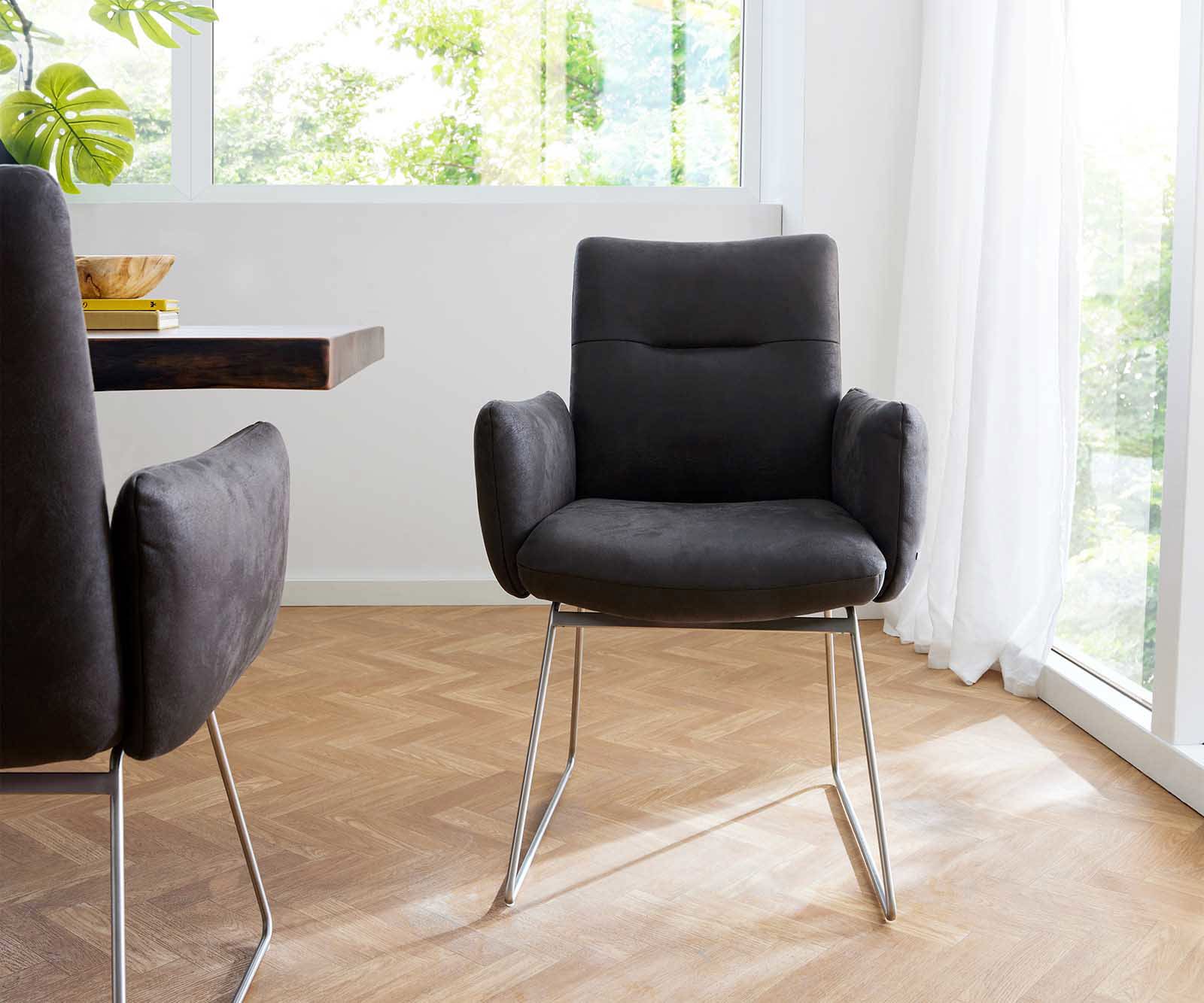 Étkezőszék Jova-Flex karfás mikroszálas antracit vintage vékony lábazat rozsdamentes acél zsákrugós - Image 2