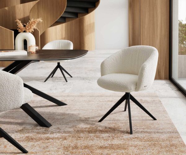 Étkezőszék Caja-Flex karfás bouclé fehér kereszt láb széles fekete 360° forgatható zsákrugós