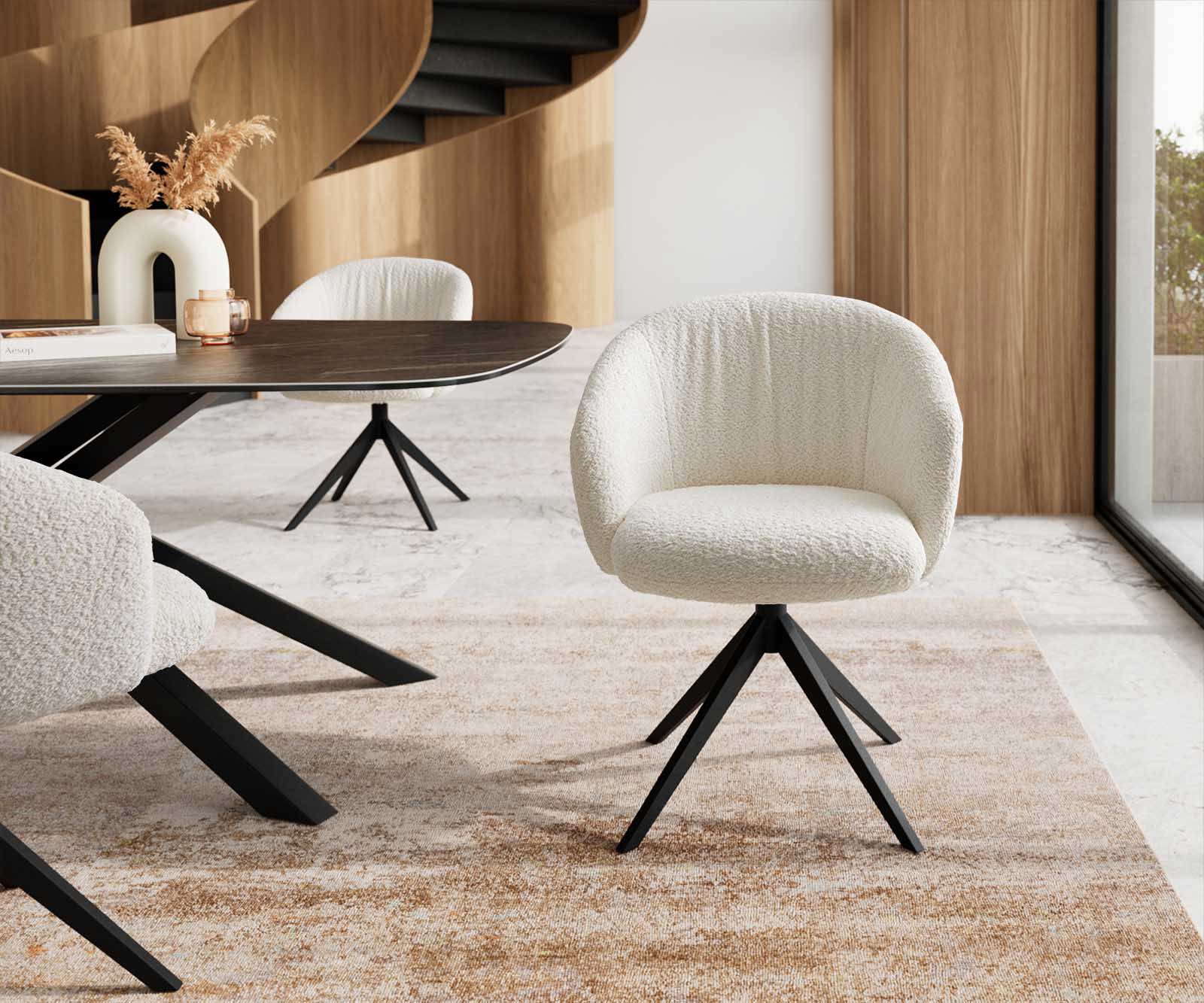 Étkezőszék Caja-Flex karfás bouclé fehér kereszt láb széles fekete 360° forgatható zsákrugós - Image 2