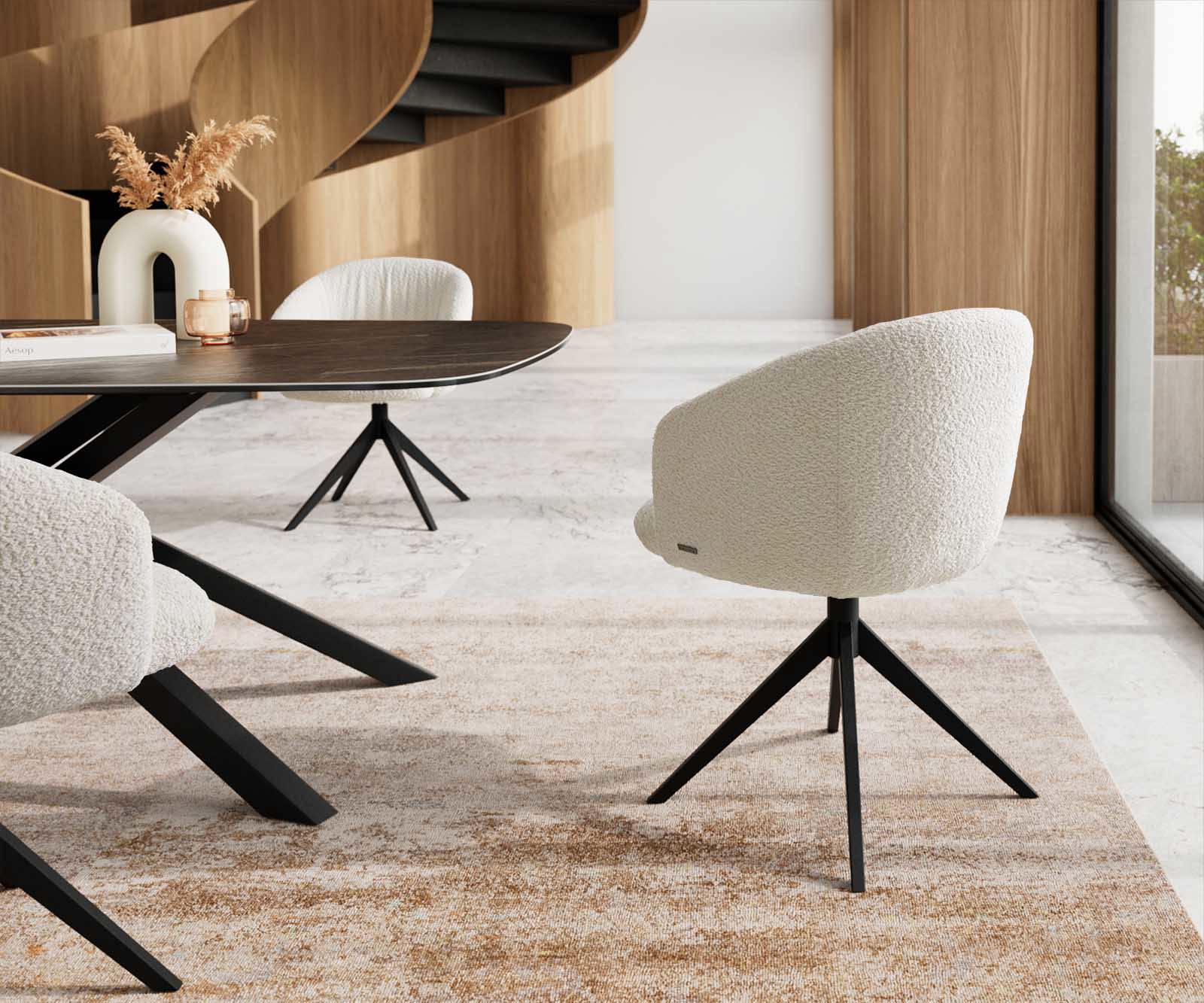 Étkezőszék Caja-Flex karfás bouclé fehér kereszt láb széles fekete 360° forgatható zsákrugós - Image 5