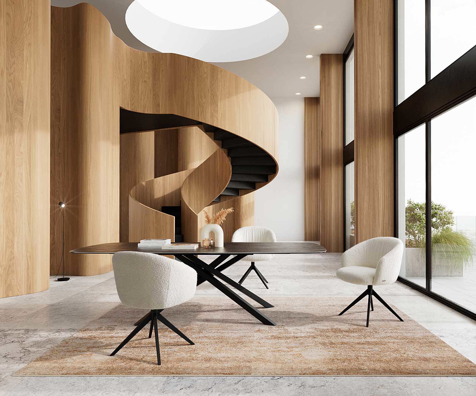 Étkezőszék Caja-Flex karfás bouclé fehér kereszt láb széles fekete 360° forgatható zsákrugós - Image 6