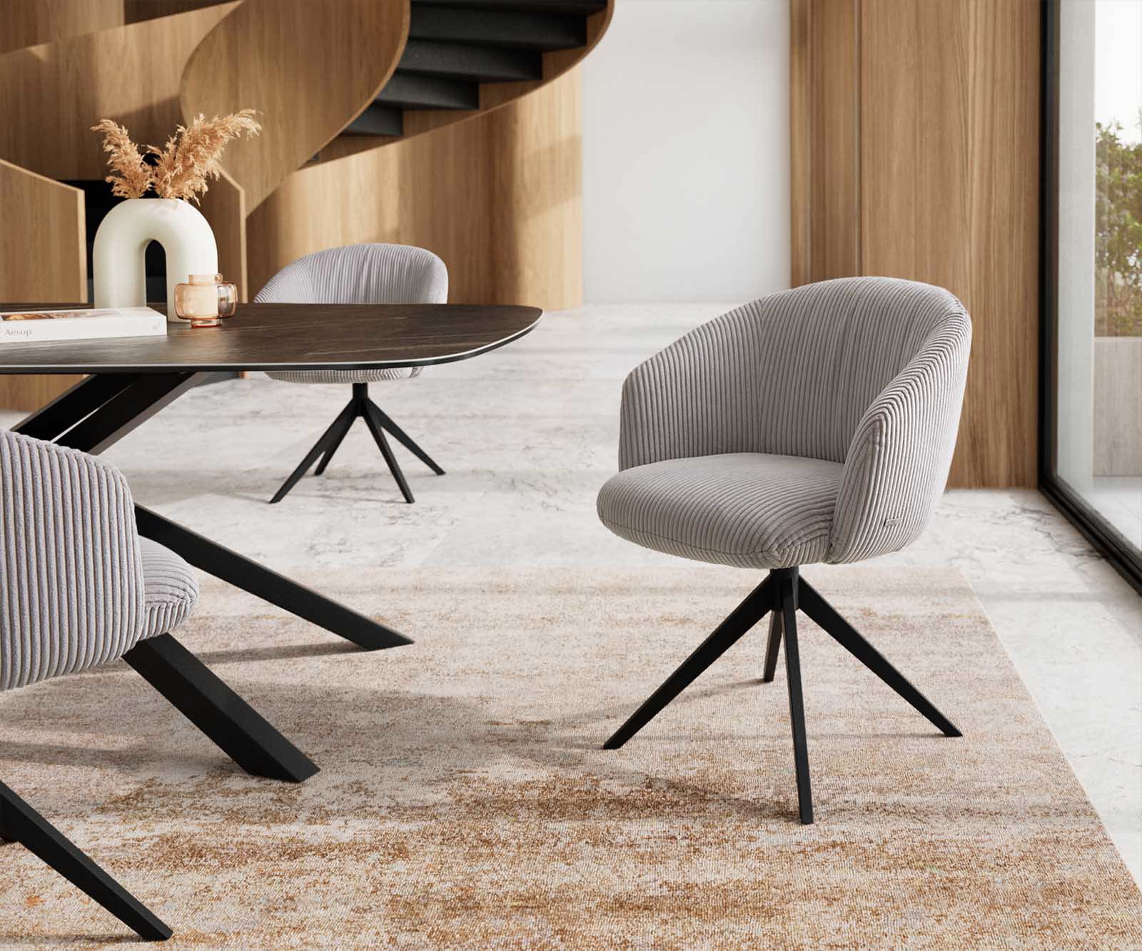 Étkezőszék Caja-Flex karfás kordbársony ezüstszürke kereszt láb széles fekete 360° forgatható zsákrugós