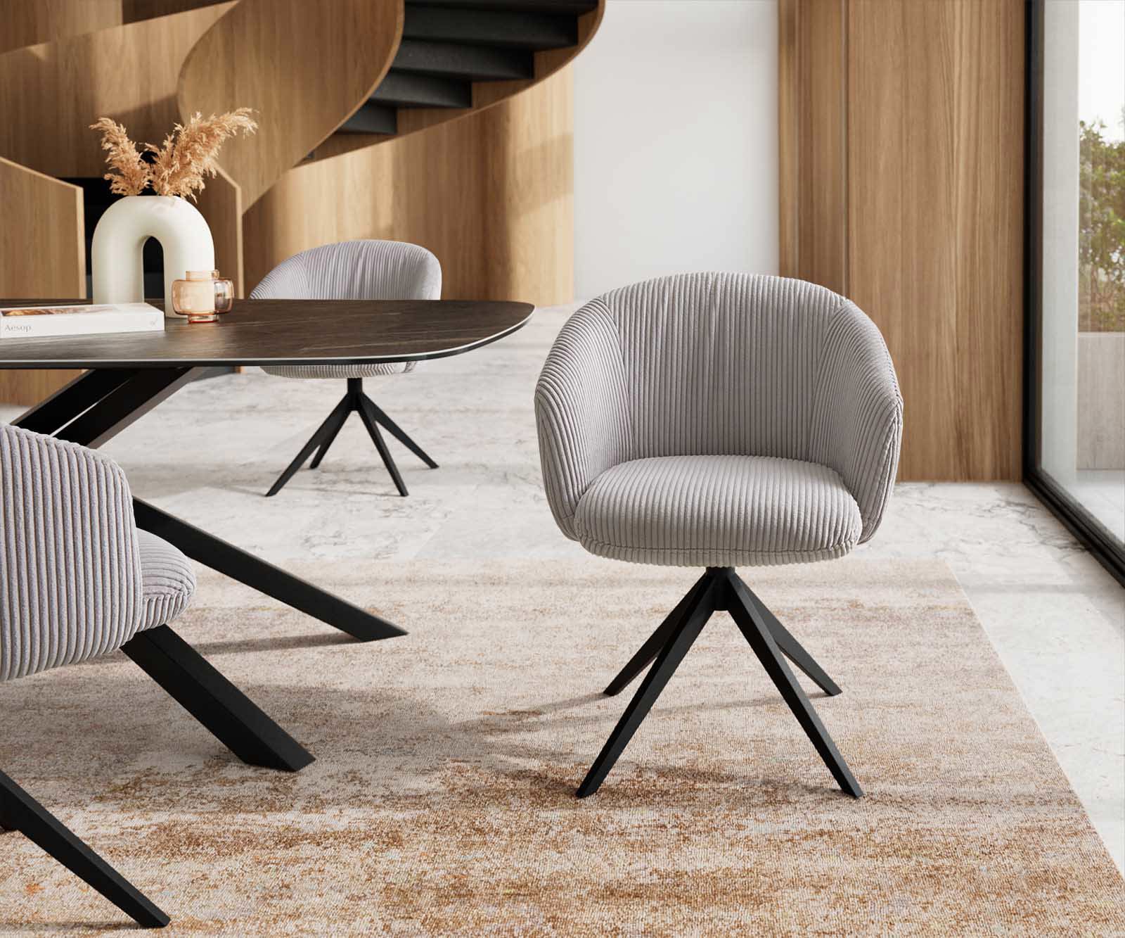 Étkezőszék Caja-Flex karfás kordbársony ezüstszürke kereszt láb széles fekete 360° forgatható zsákrugós - Image 2