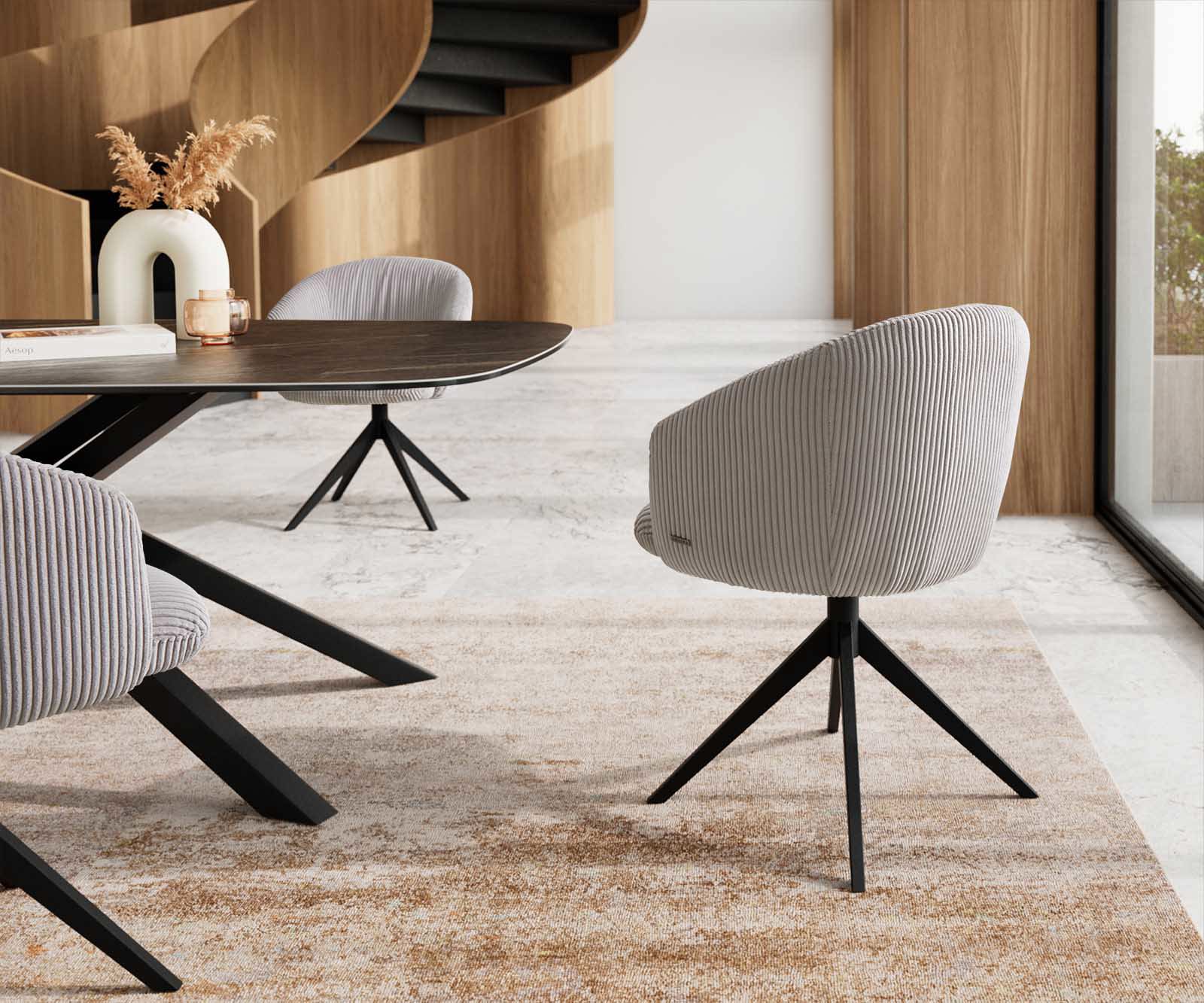 Étkezőszék Caja-Flex karfás kordbársony ezüstszürke kereszt láb széles fekete 360° forgatható zsákrugós - Image 5