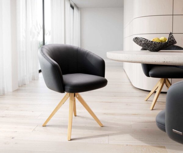 Étkezőszék Caja-Flex karfás valódi bőr fekete fa láb szögletes természetes 180° forgatható zsákrugós