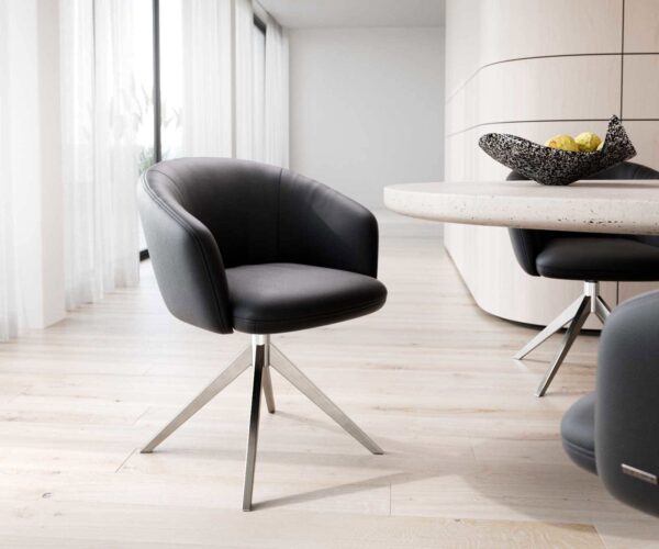 Étkezőszék Caja-Flex karfás valódi bőr fekete kereszt láb széles rozsdamentes acél 360° forgatható zsákrugós