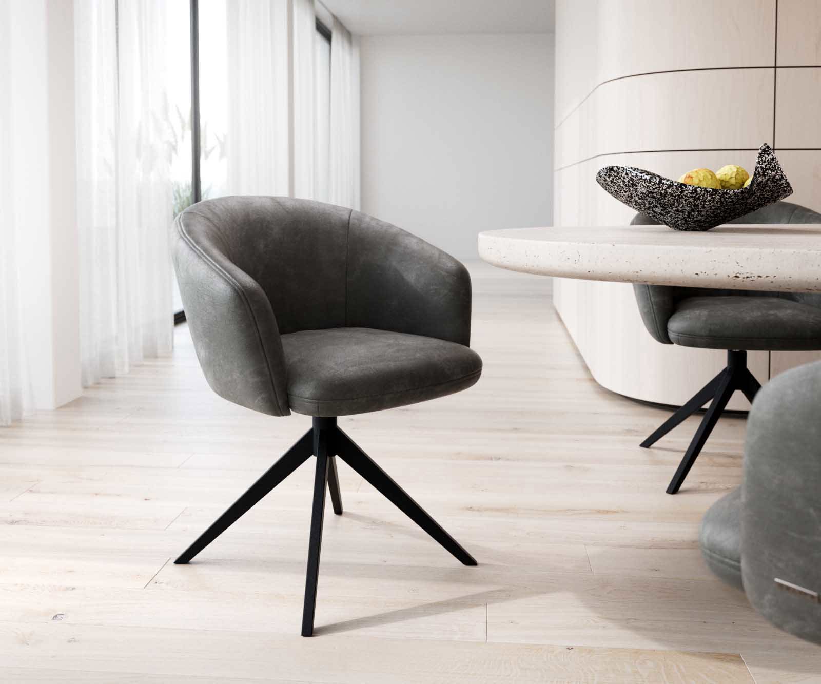 Étkezőszék Caja-Flex karfás mikroszálas antracit vintage kereszt láb széles fekete 360° forgatható zsákrugós