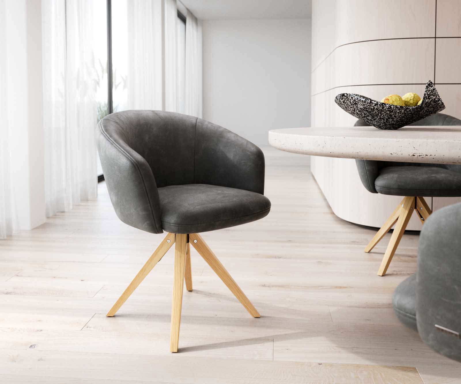 Étkezőszék Caja-Flex karfás mikroszálas antracit vintage fa láb szögletes természetes 180° forgatható zsákrugós