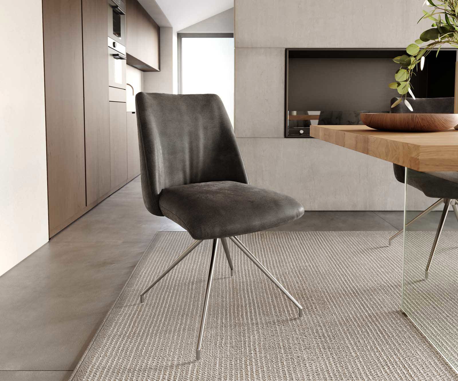 Étkezőszék Elso-Flex mikroszálas antracit vintage kereszt láb kúpos rozsdamentes acél 180° forgatható zsákrugó