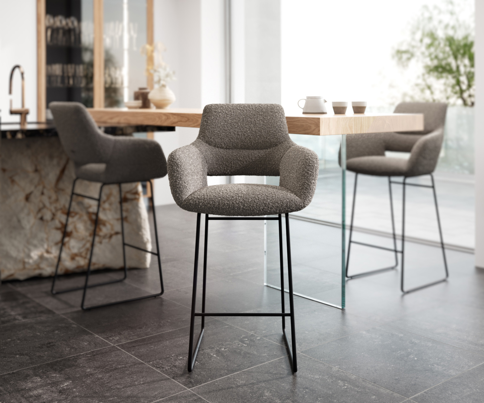 Bárszék Yago-Flex bouclé ezüstszürke vékony fém lábazat fekete zsákrugós - Image 2