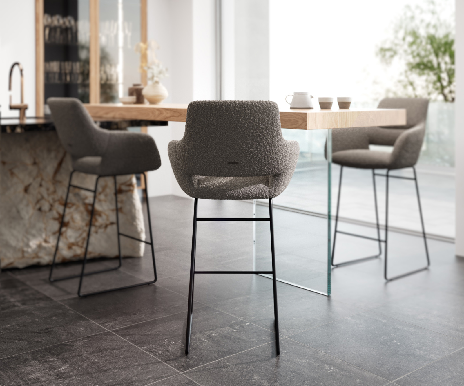 Bárszék Yago-Flex bouclé ezüstszürke vékony fém lábazat fekete zsákrugós - Image 3