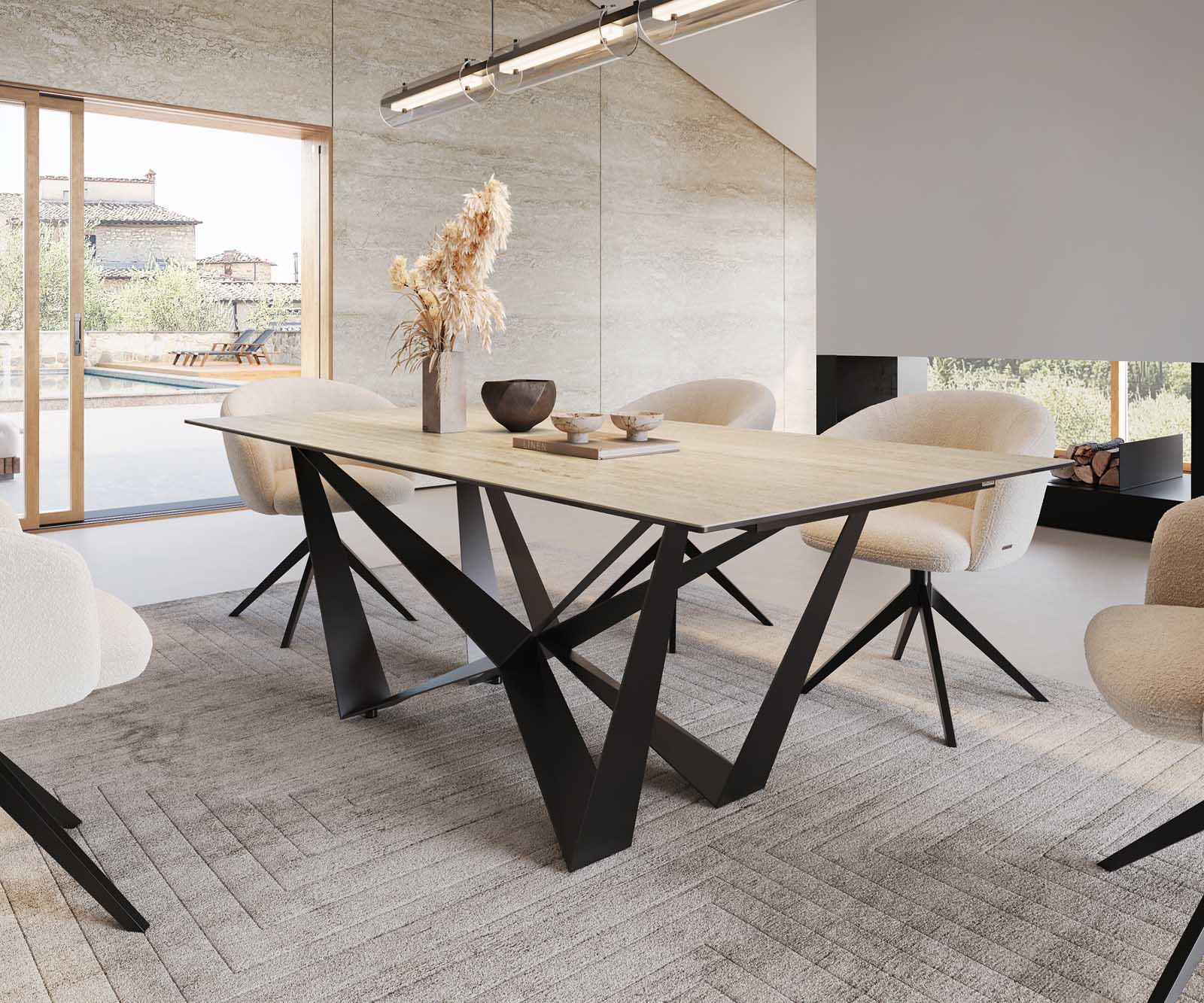 Étkezőasztal Edge 200x100 kerámia travertin természetes pókláb laposacél fekete - Image 7