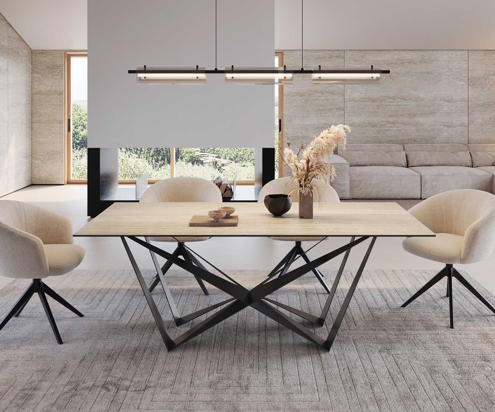 Étkezőasztal Edge 200x100 kerámia travertin természetes pókláb laposacél fekete - Image 3