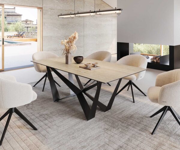 Étkezőasztal Edge 200x100 kerámia travertin természetes pókláb laposacél fekete