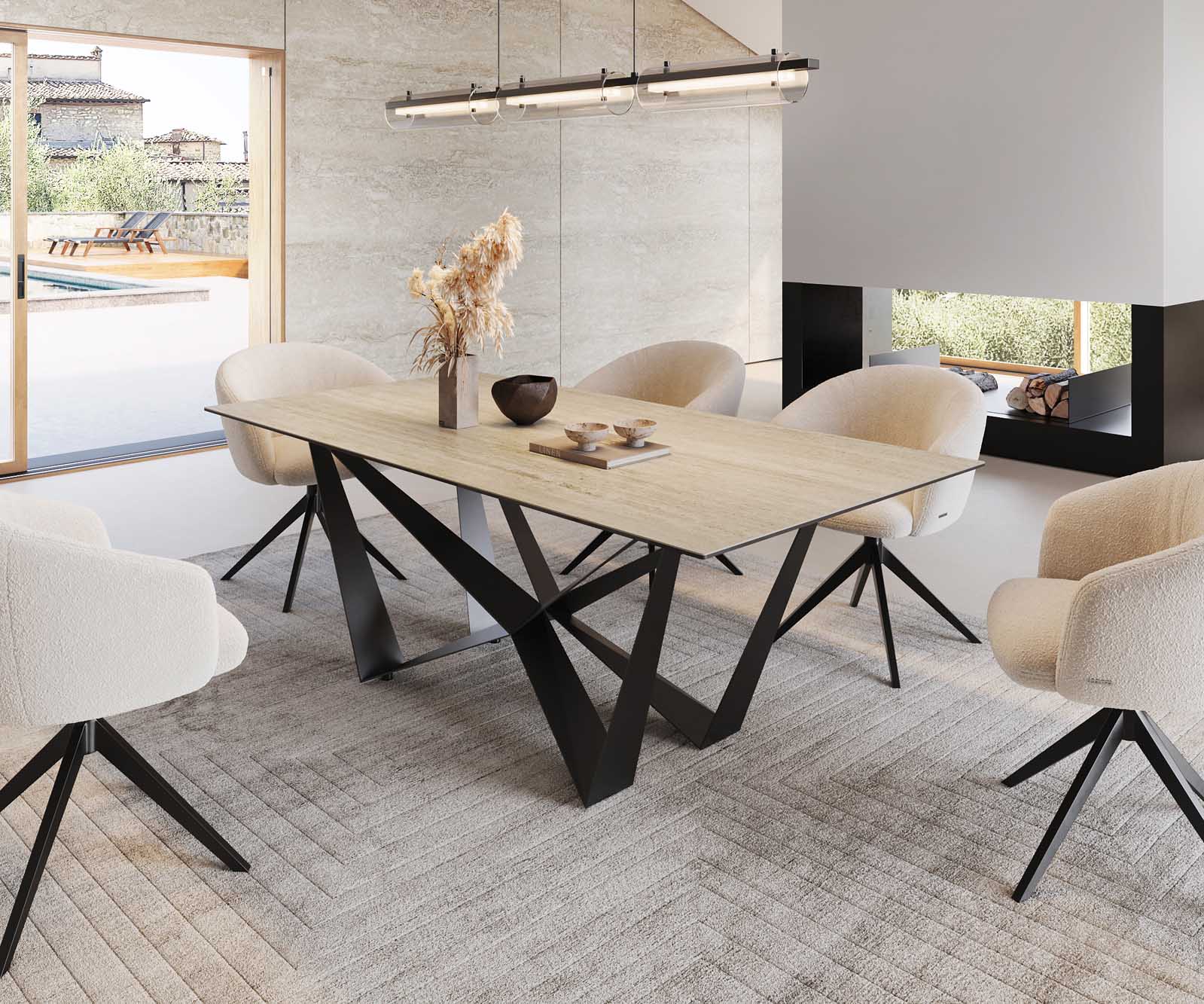 Étkezőasztal Edge 200x100 kerámia travertin természetes pókláb laposacél fekete