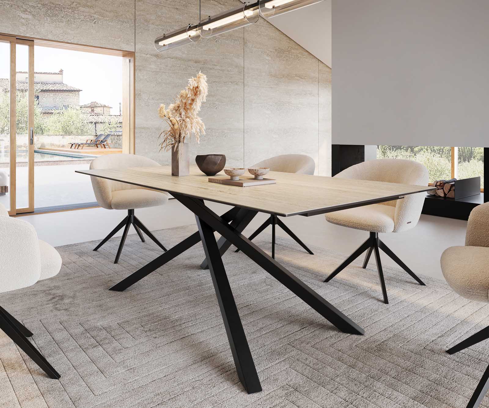 Étkezőasztal Edge 200x100 kerámia travertin természetes kereszt láb téglalap fekete - Image 6