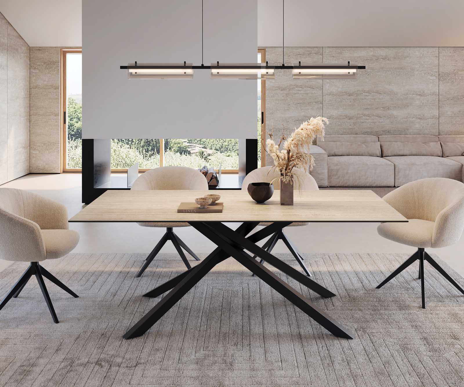 Étkezőasztal Edge 200x100 kerámia travertin természetes kereszt láb téglalap fekete - Image 2