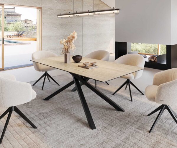 Étkezőasztal Edge 200x100 kerámia travertin természetes kereszt láb téglalap fekete