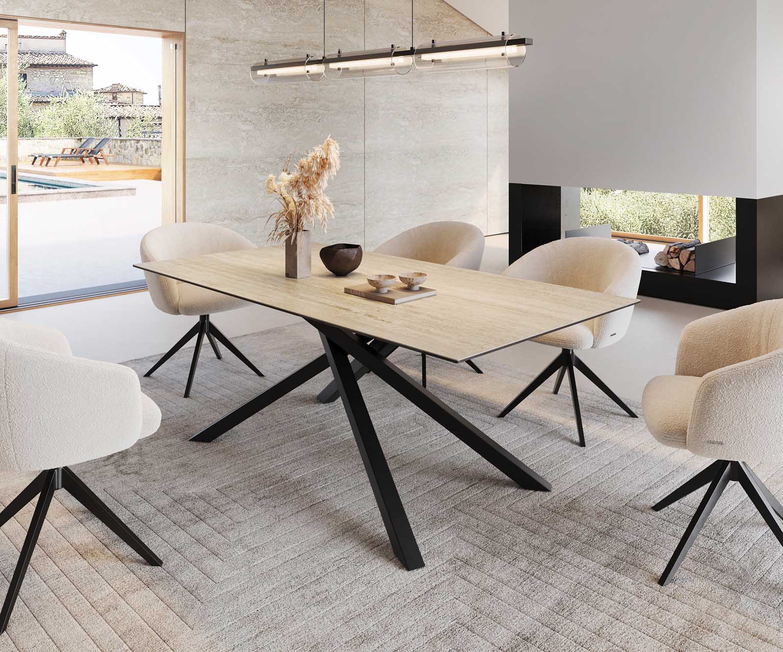 Étkezőasztal Edge 200x100 kerámia travertin természetes kereszt láb téglalap fekete