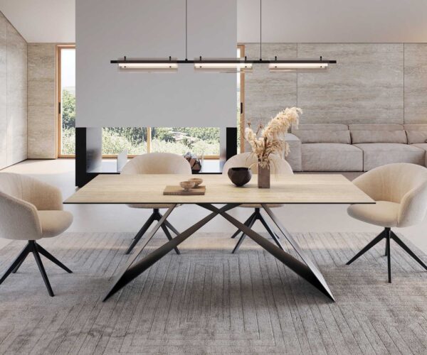 Étkezőasztal Edge 200x100 kerámia travertin természetes V alakú láb laposacél fekete - Image 3