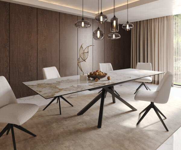 Étkezőasztal Edge 200-300x100 kerámia Minas melange fehér-bézs kereszt láb téglalap alakú fekete kihúzható