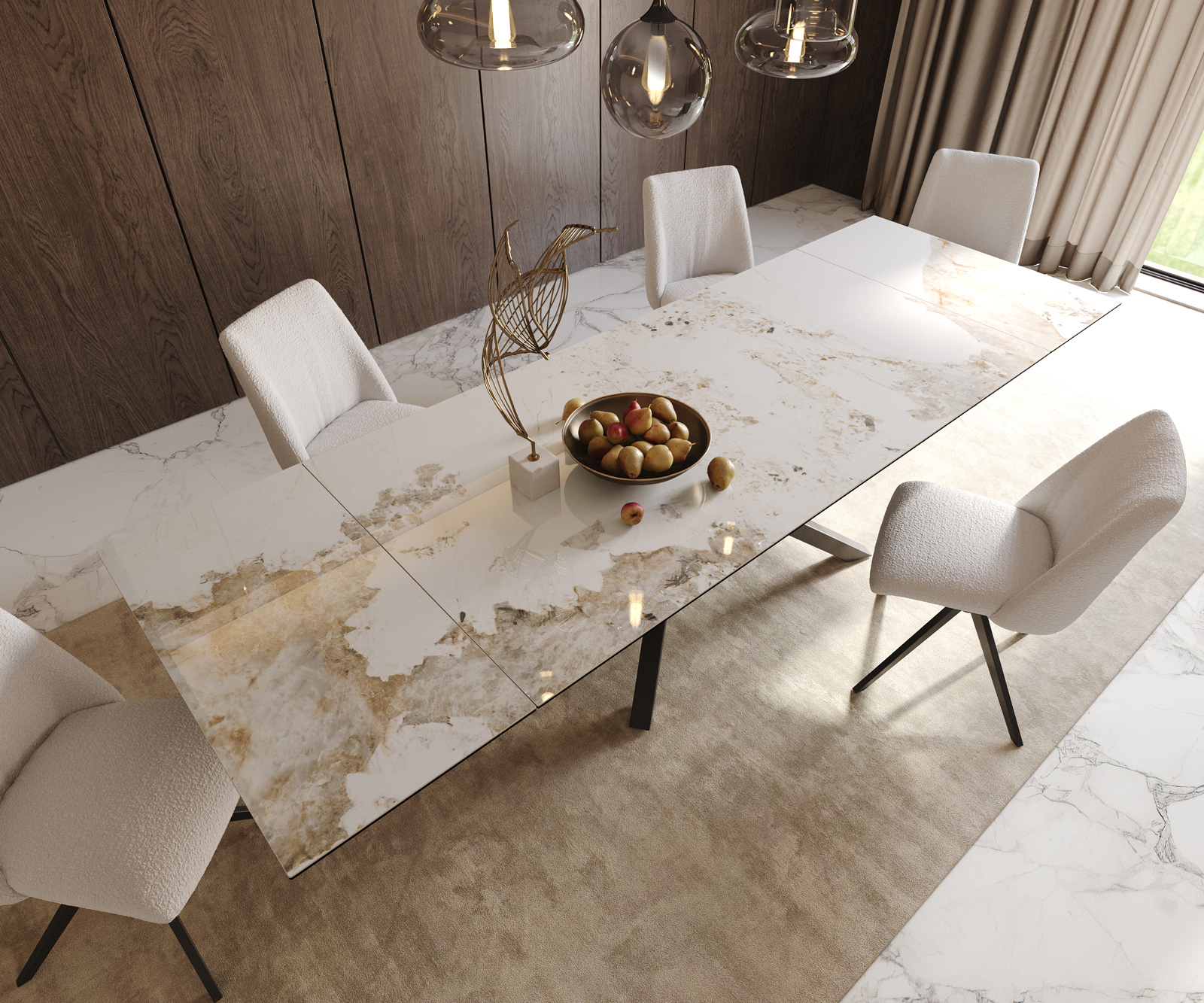 Étkezőasztal Edge 200-300x100 kerámia Minas melange fehér-bézs kereszt láb téglalap alakú fekete kihúzható - Image 6