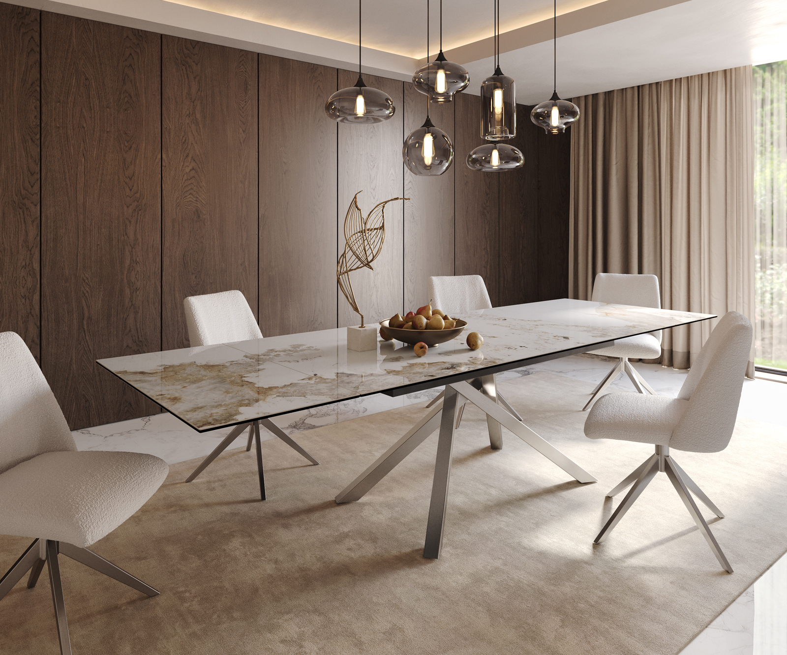 Étkezőasztal Edge 200-300x100 kerámia Minas melange fehér-bézs kereszt láb téglalap rozsdamentes acél kihúzható