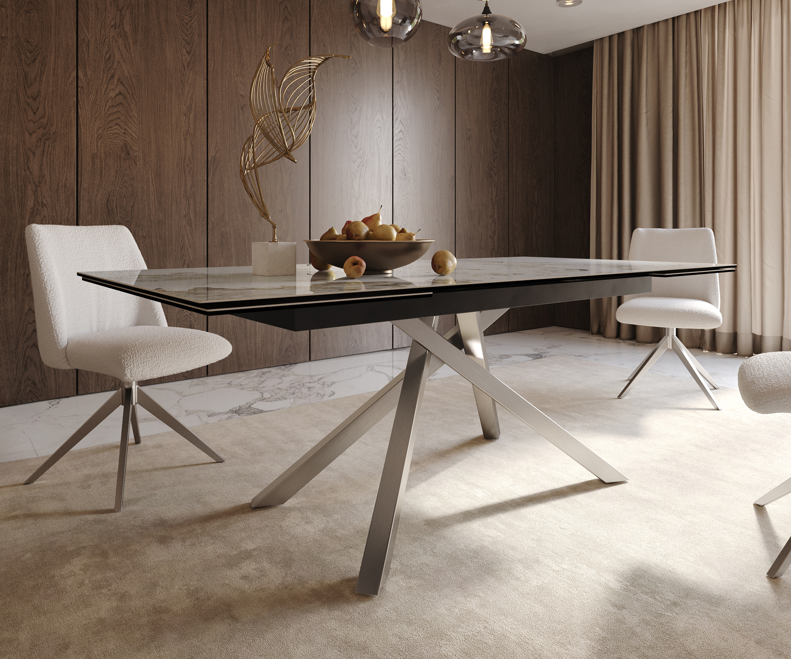 Étkezőasztal Edge 200-300x100 kerámia Minas melange fehér-bézs kereszt láb téglalap rozsdamentes acél kihúzható - Image 7