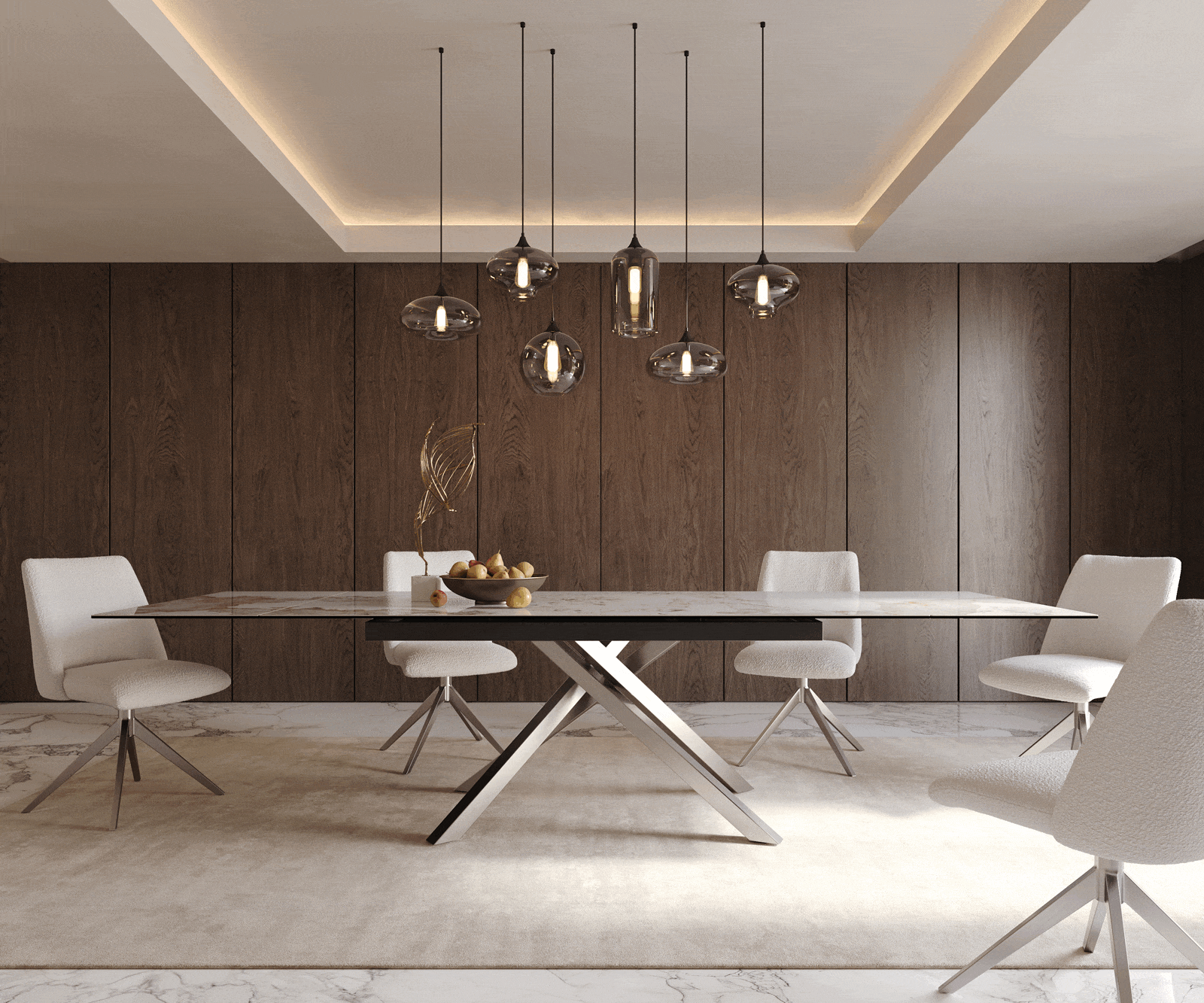 Étkezőasztal Edge 200-300x100 kerámia Minas melange fehér-bézs kereszt láb téglalap rozsdamentes acél kihúzható - Image 5