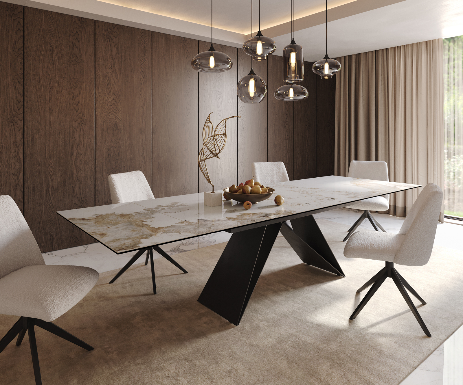 Étkezőasztal Edge 200-300x100 kerámia Minas melange fehér-bézs V alakú láb laposacél fekete kihúzható