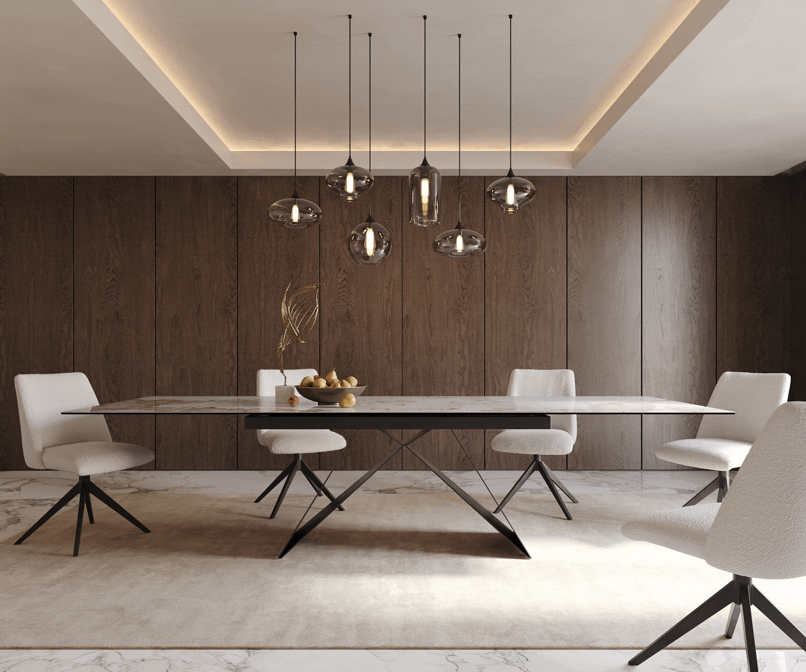 Étkezőasztal Edge 200-300x100 kerámia Minas melange fehér-bézs V alakú láb laposacél fekete kihúzható - Image 6