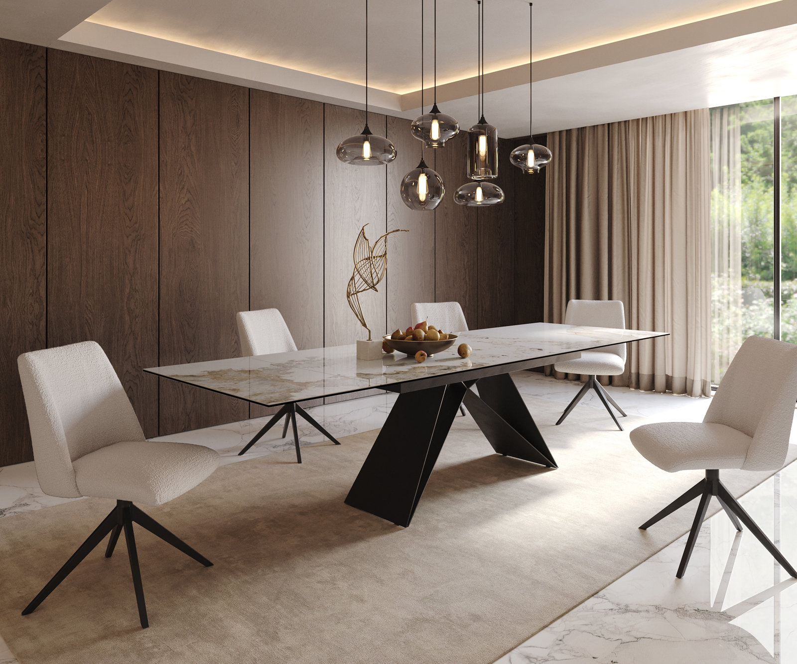 Étkezőasztal Edge 200-300x100 kerámia Minas melange fehér-bézs V alakú láb laposacél fekete kihúzható - Image 9