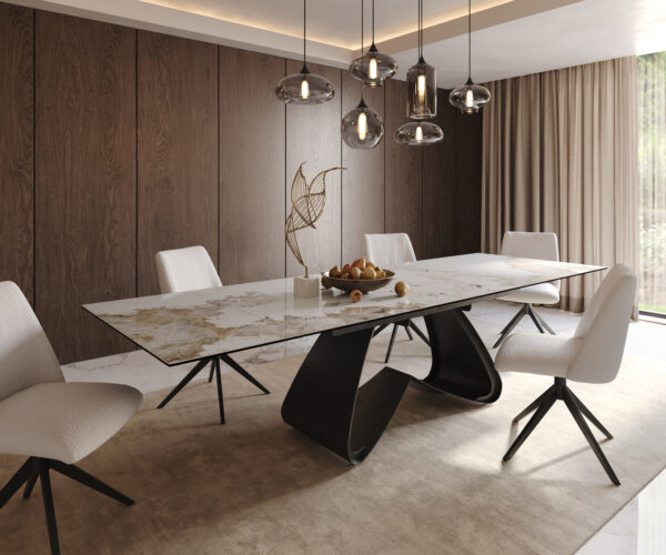 Étkezőasztal Edge 200-300x100 kerámia Minas melange fehér-bézs W-láb fekete kihúzható