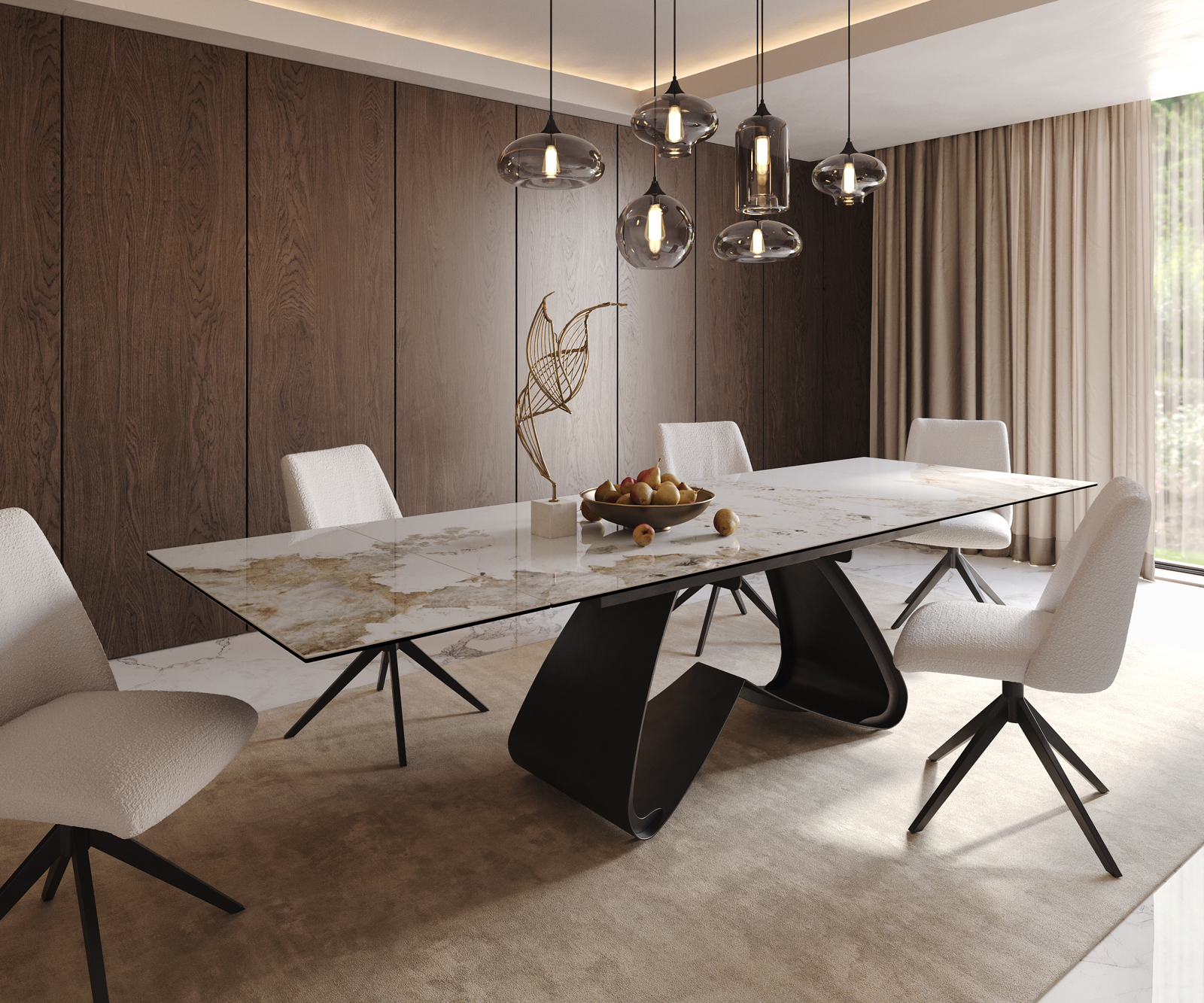 Étkezőasztal Edge 200-300x100 kerámia Minas melange fehér-bézs W-láb fekete kihúzható