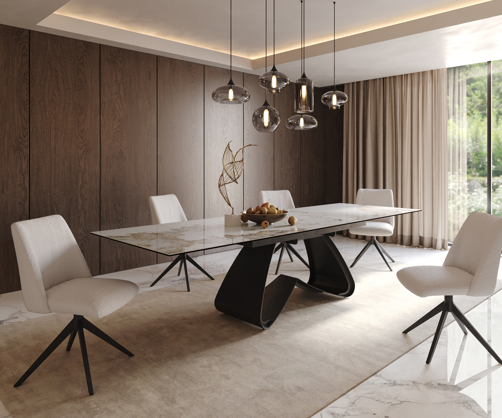 Étkezőasztal Edge 200-300x100 kerámia Minas melange fehér-bézs W-láb fekete kihúzható - Image 9