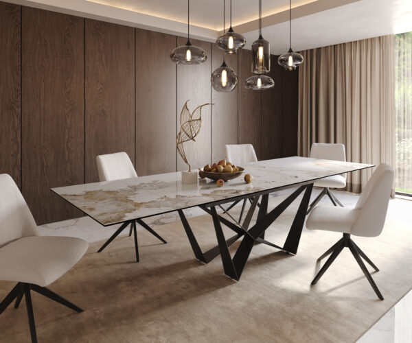 Étkezőasztal Edge 200-300x100 kerámia Minas melange fehér-bézs Spider laposacél fekete kihúzható