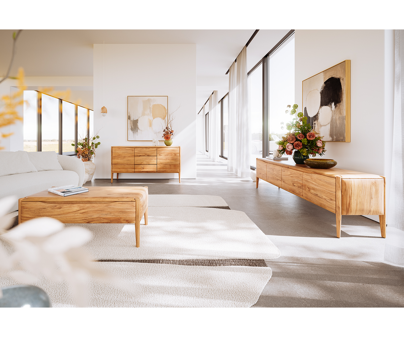 Dohányzóasztal Simcha 100x50 cm akác természetes 2 billenő ajtós - Image 6