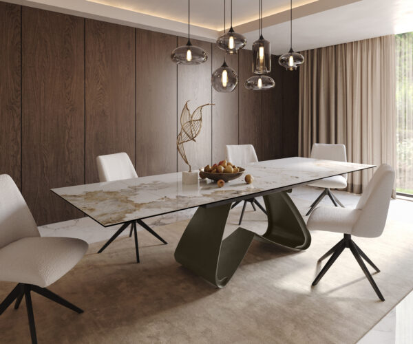 Étkezőasztal Edge 200-300x100 kerámia Minas melange fehér-bézs W-láb effekt felület titán kihúzható