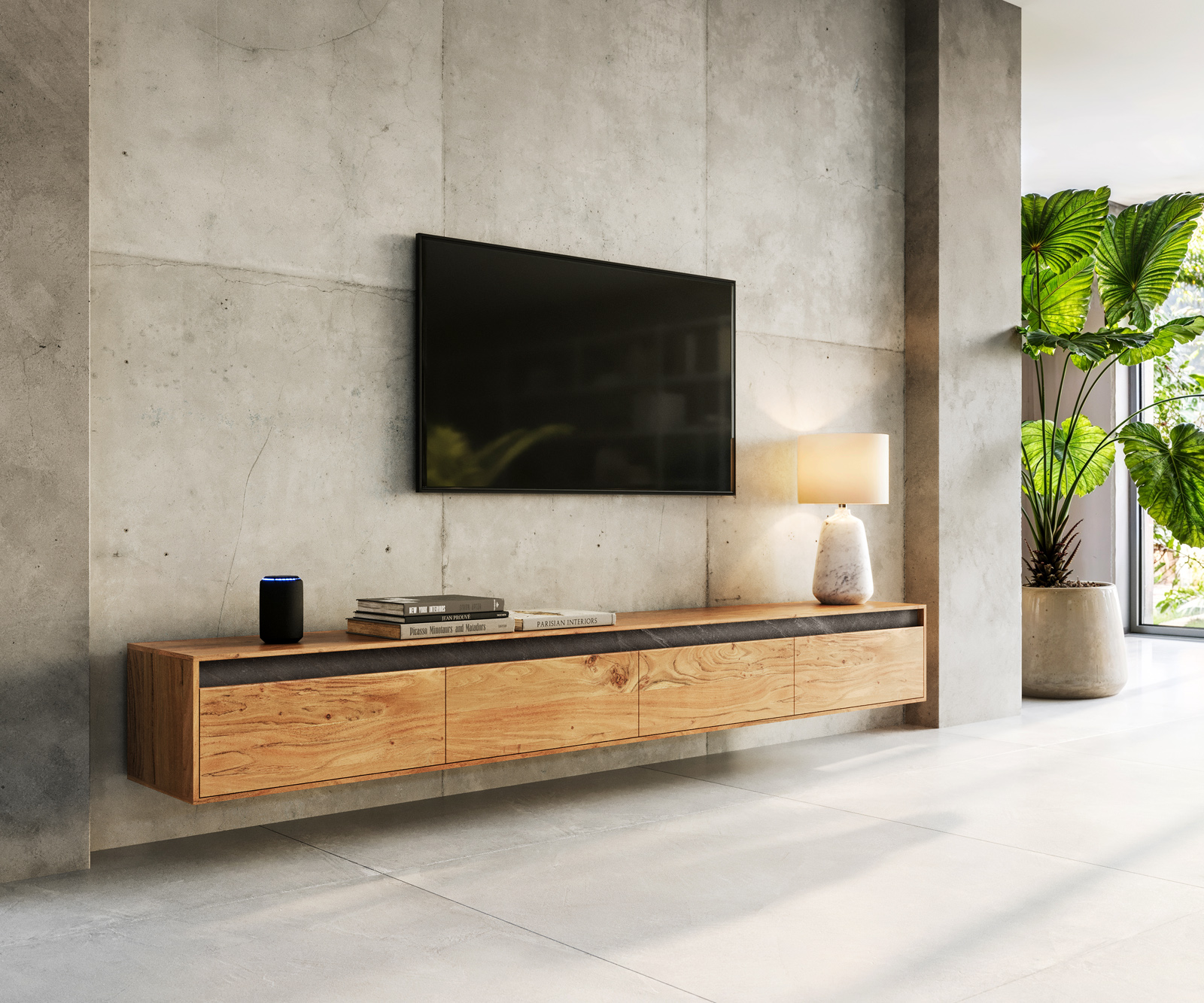Design TV szekrény Stonegrace 240 cm akác természetes pala 4 ajtós lebegő