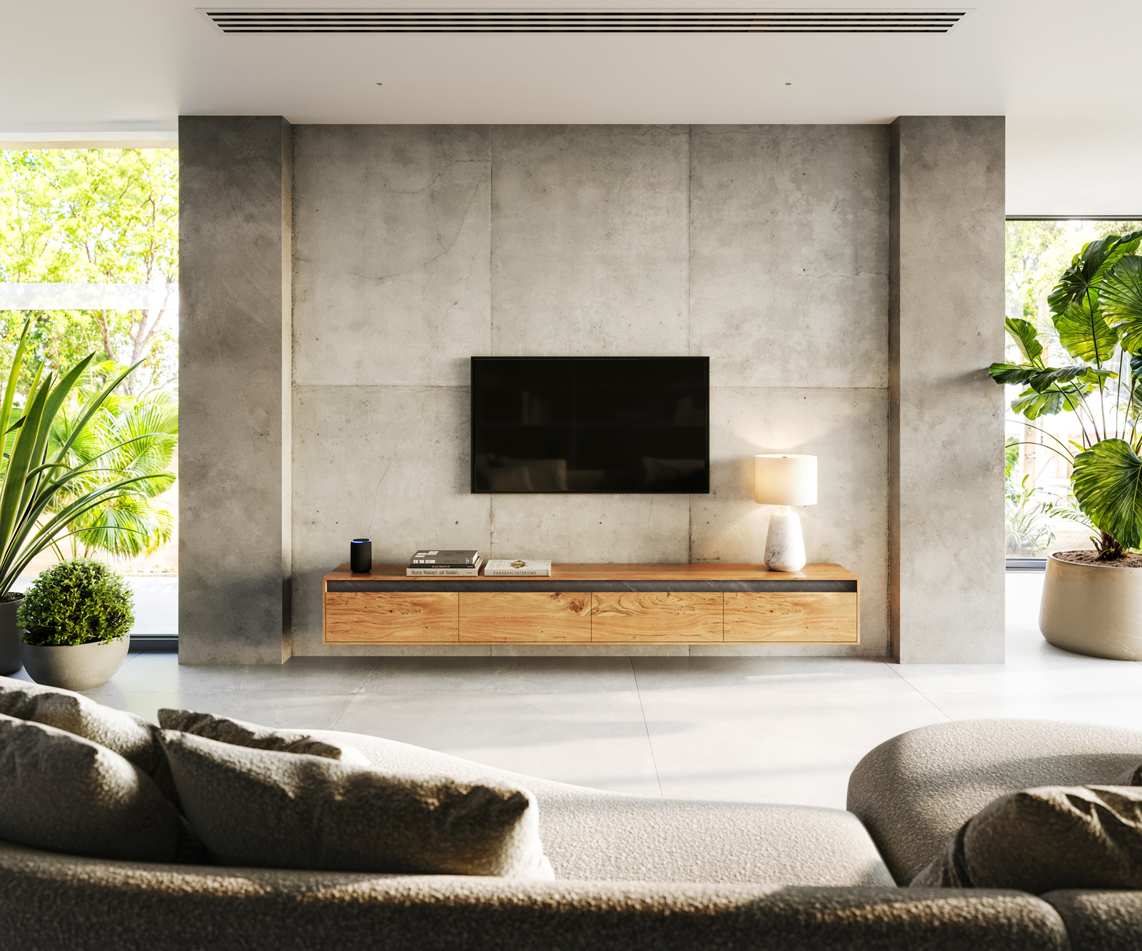 Design TV szekrény Stonegrace 240 cm akác természetes pala 4 ajtós lebegő - Image 2