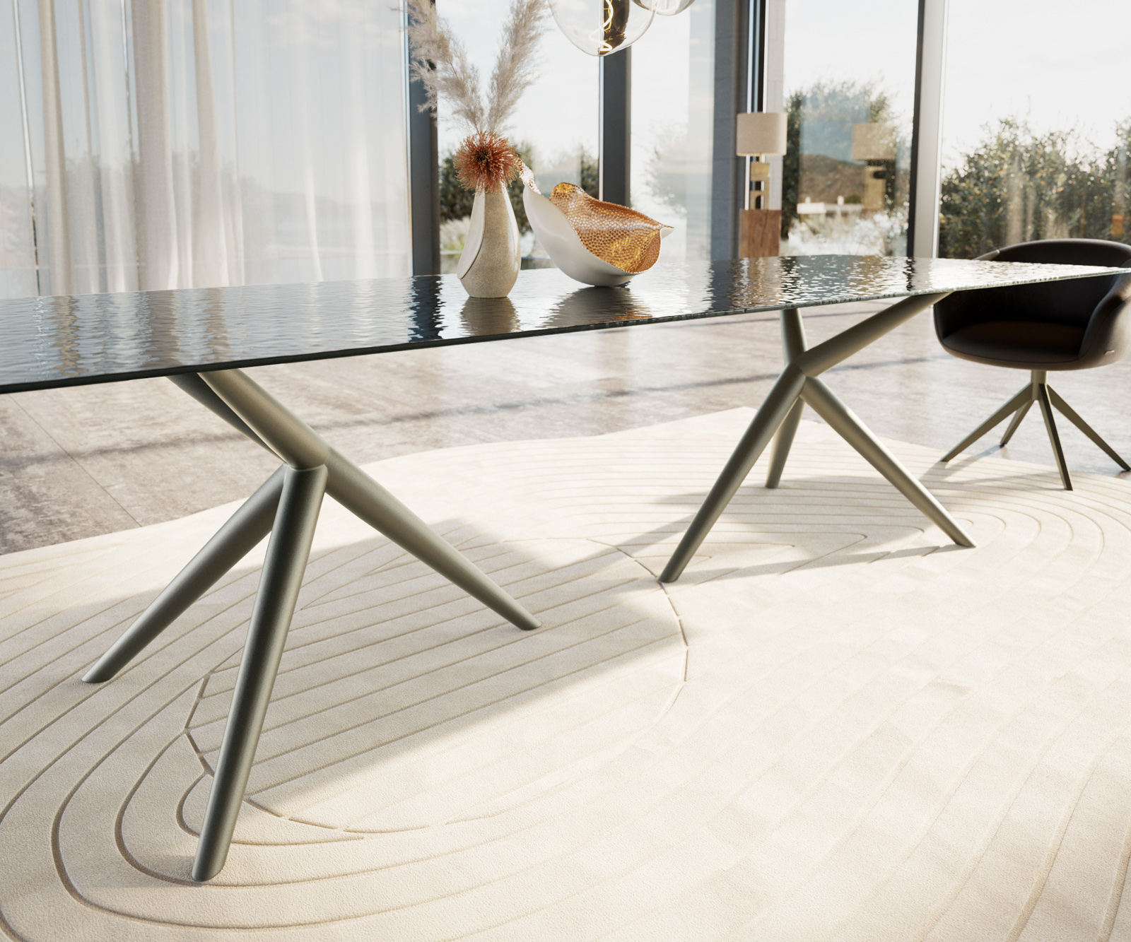 Étkezőasztal Edge 300x100 domborított üveg füstfekete 3D design Estelar kerek fém titán effekt felület - Image 5