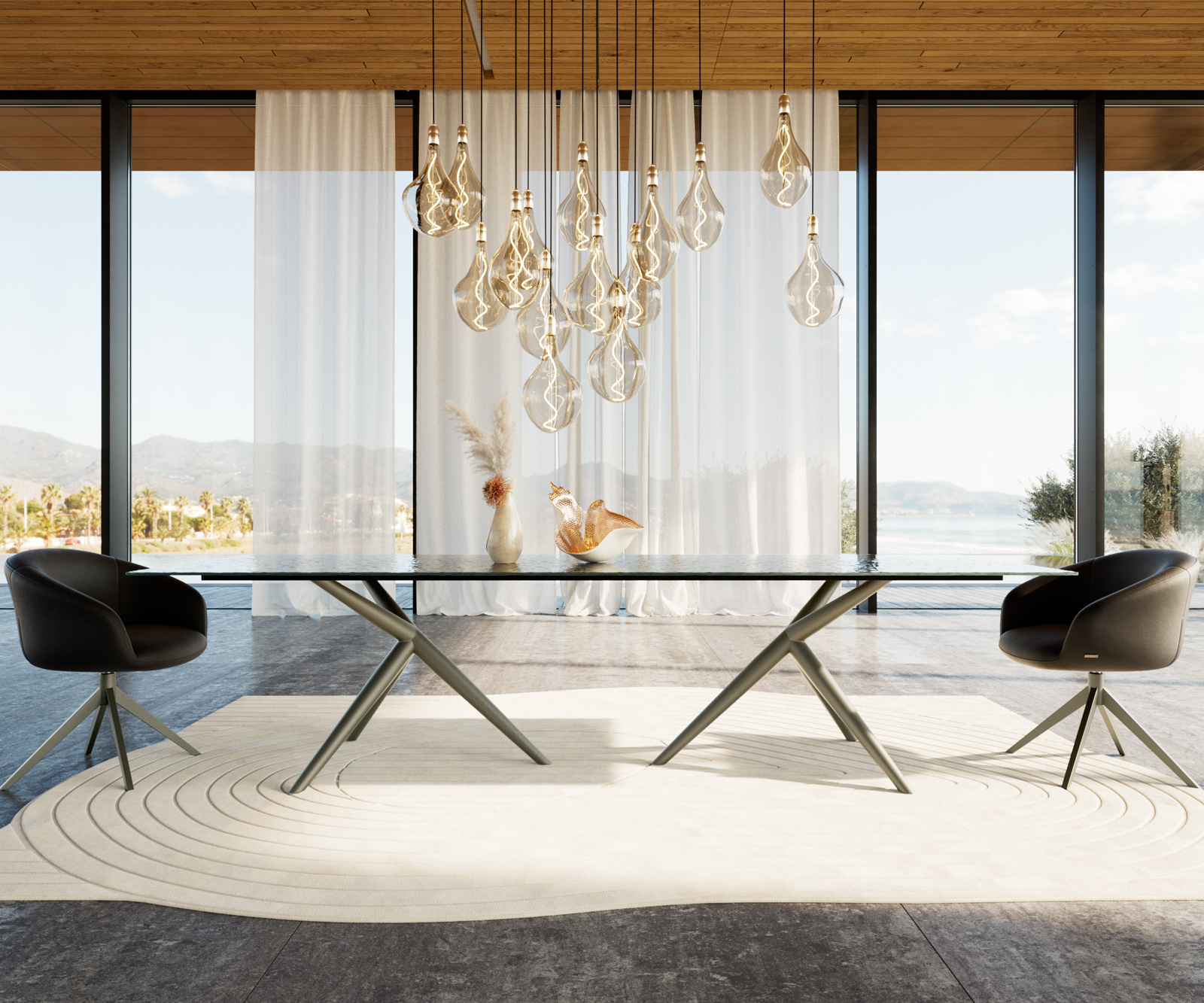 Étkezőasztal Edge 300x100 domborított üveg füstfekete 3D design Estelar kerek fém titán effekt felület - Image 2