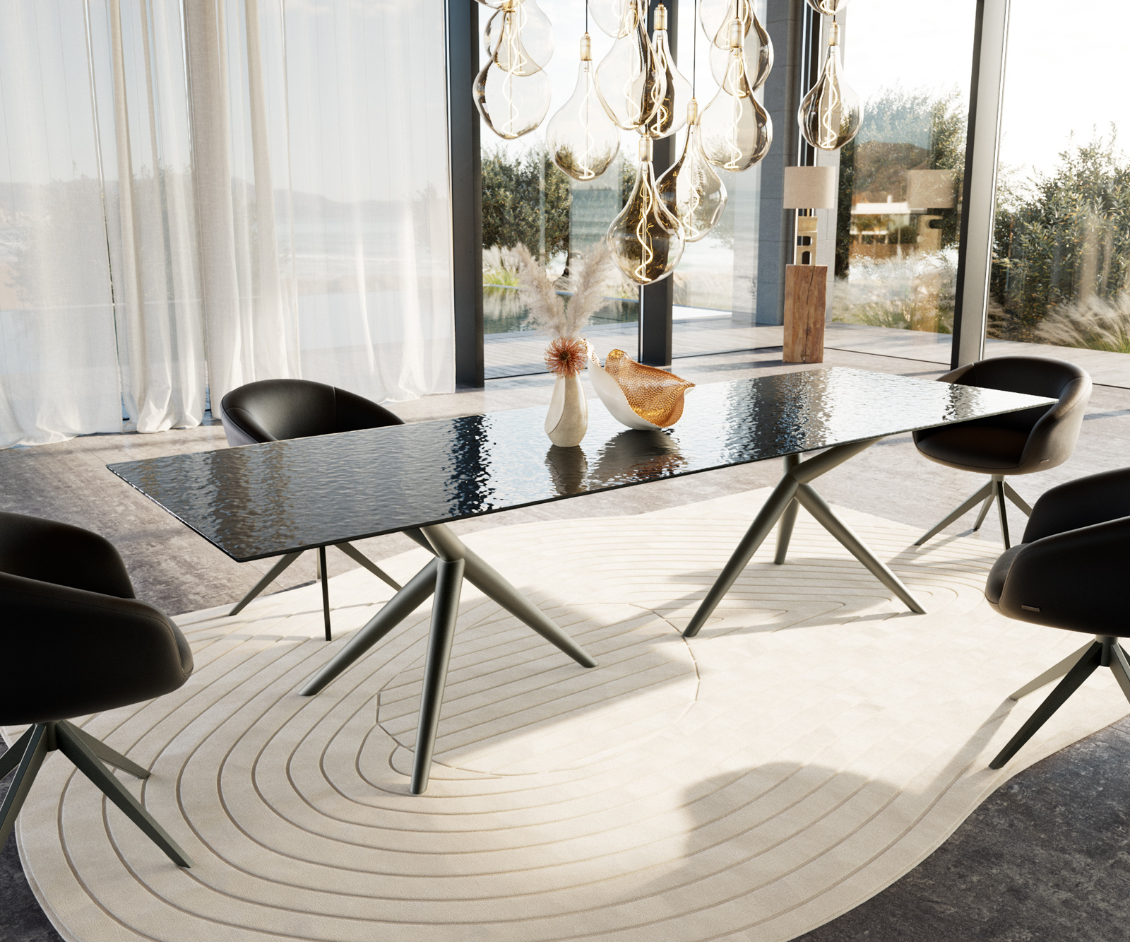 Étkezőasztal Edge 300x100 domborított üveg füstfekete 3D design Estelar kerek fém titán effekt felület