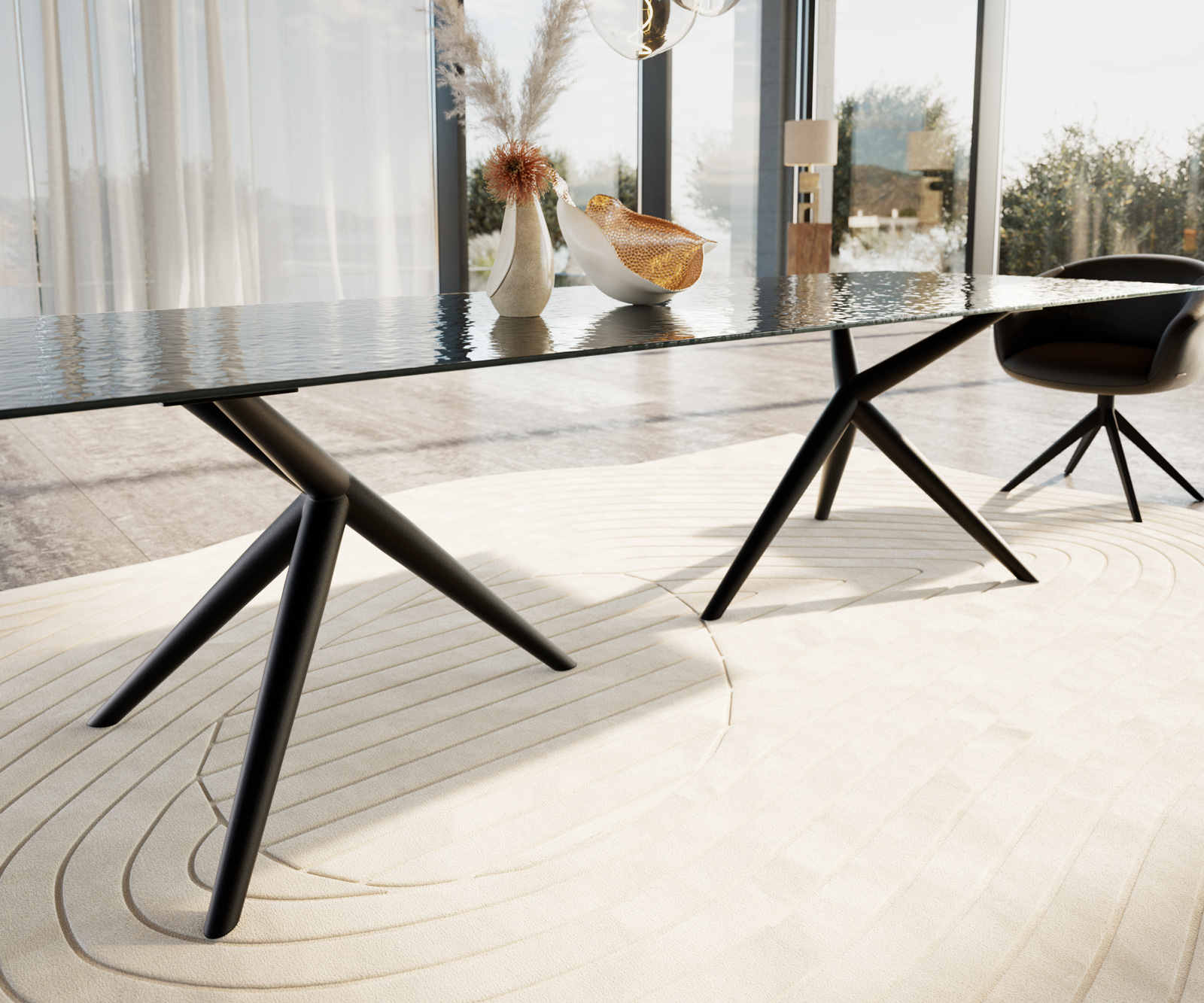 Étkezőasztal Edge 300x100 domborított üveg füstfekete 3D design Estelar kerek fém fekete - Image 5