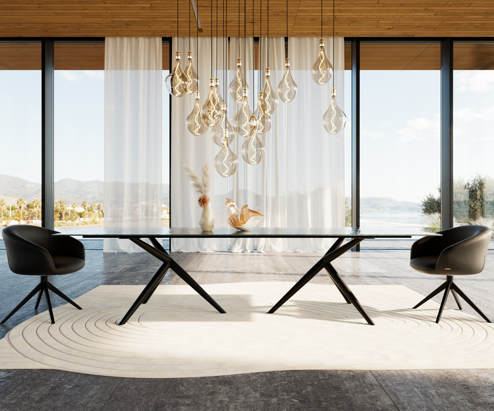 Étkezőasztal Edge 300x100 domborított üveg füstfekete 3D design Estelar kerek fém fekete - Image 2